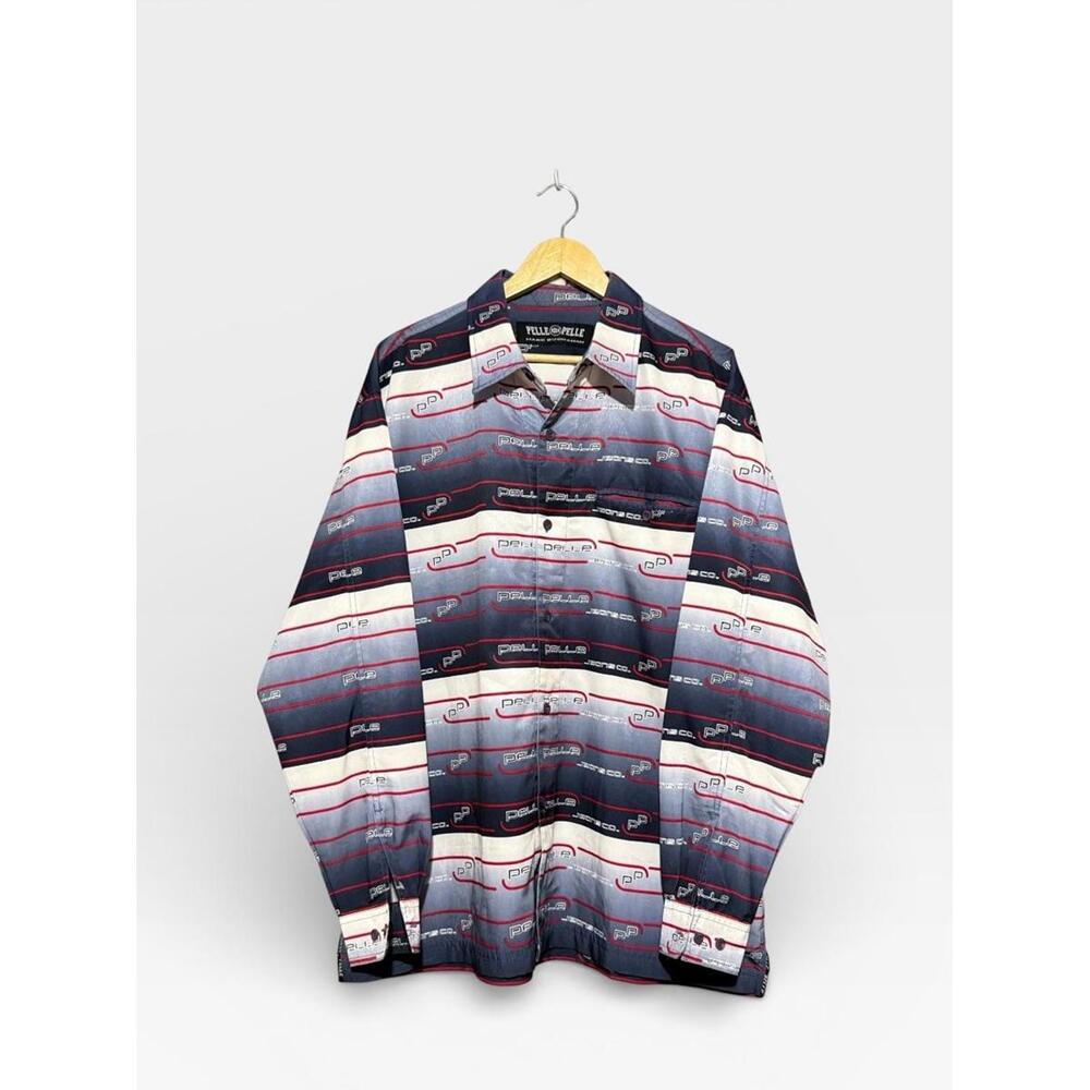 Vintage Pelle Pelle Marc Buchanan All Over Logo Striped Button Up Shirt 2XL Mens